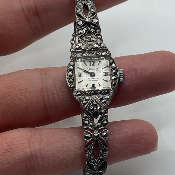 1950s Art Deco Style Sterling Silver Marcasite Ricoh Watch 6.1” - 6.7” Stretch - Picture 3 of 15